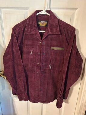Vintage Harley Davidson Burgundy Purple Corduroy Size M Button Front Shirt